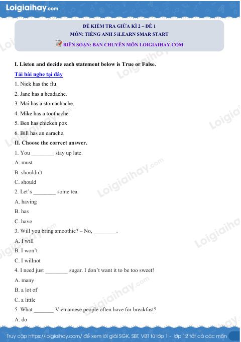 Đề thi giữa kì 2 Tiếng Anh 5 iLearn Smart Start - Đề số 1